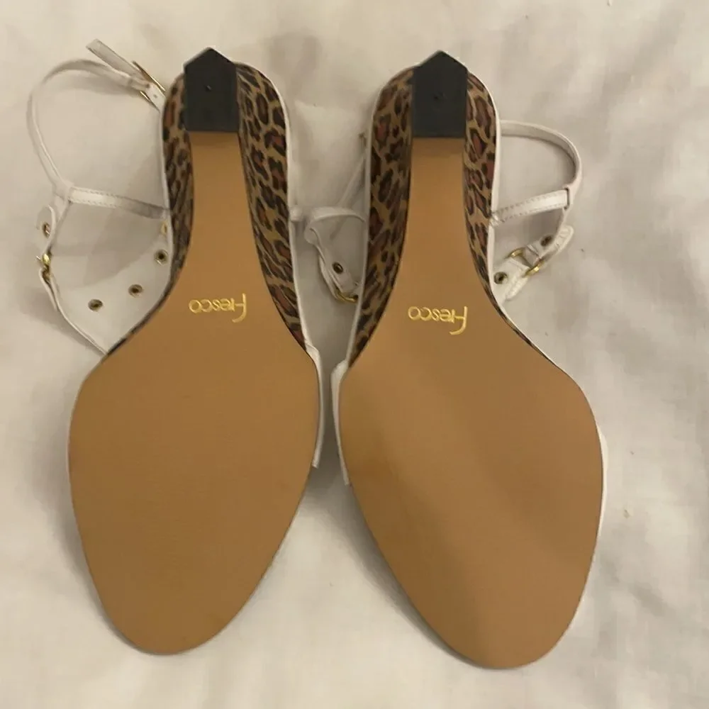 FRESCO BY PIERRE WHITE/GOLD LEOPARD WEDGE SANDALS. NEW